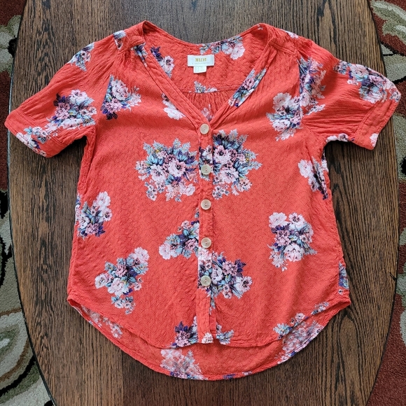 Maeve By Anthropology Reddish Orange Floral Hi-Low Blouse Size Women's 0 - Picture 5 of 9